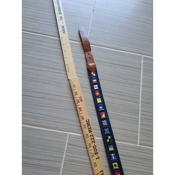 Leather Man Ltd Nautical Flag Belt Leather Trim Brass Buckle CT Mens 40 Maritime - Picture 10 of 13